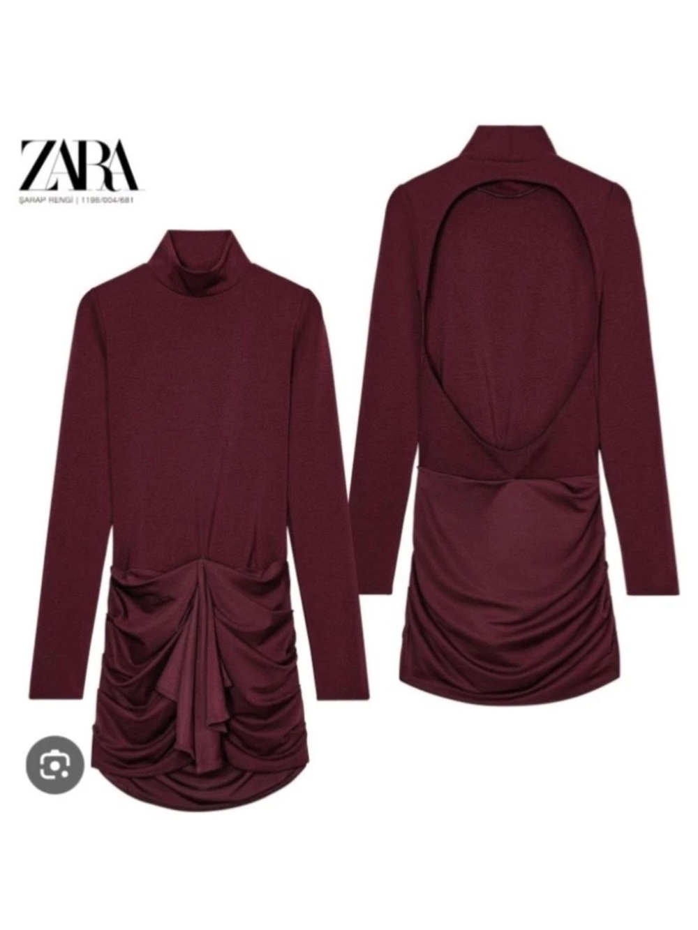 ZARA Burgundy Long-Sleeve Turtleneck Open-Back Ruched Dress